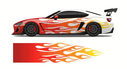 Naklejka premium Sleek race car with orange flame graphics and spoiler design across aerodynamic body.