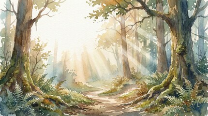 Obraz premium Watercolor forest path with sun rays through trees and ferns. Hand-painted nature landscape with soft light and earthy tones.