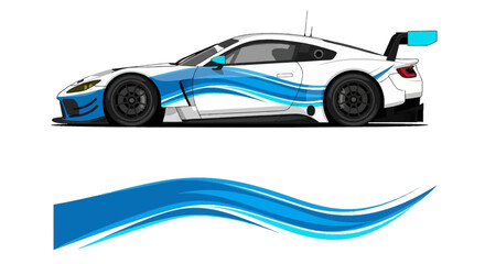 Blue and white racing car with dynamic swoosh graphic elements and sleek design. © Lailatul