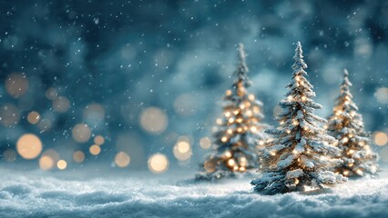 Fototapeta premium Festive snowy pine trees with warm lights in winter wonderland