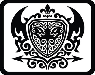 Tribal warrior shield with celtic knot patterns and lion heads black vector crest featuring fleur de lis and arrows for heraldic symbols gaming and powerful branding logo. © Munna_SH