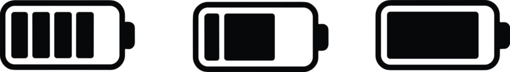 Battery charge level icons set, low medium and full power status symbols vector illustration isolated on white background for mobile device energy concept