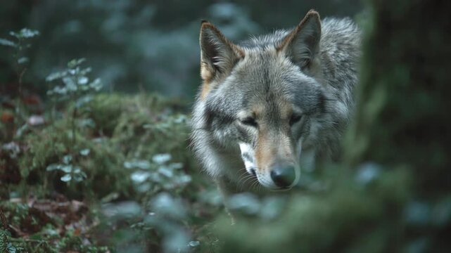 Majestic grey wolf walking through a misty mossy forest and looking at camera
