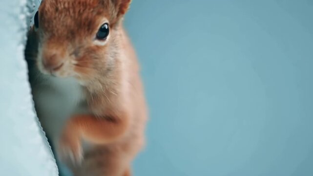 Cute baby squirrel peeking out and looking at camera on soft blue background