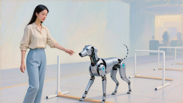 Human trainer interacts with robot dog in bright training space showing connection and trust between human and robot dog