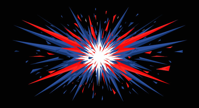A vibrant abstract explosion of sharp red and blue lines radiates outward from a brilliant white core against a dark background, symbolizing powerful energy and dynamic impact.