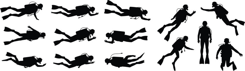 Scuba diver silhouettes collection in various underwater poses, diving sport vector illustration set, isolated black figures for marine adventure, ocean exploration, and aquatic recreation design © MIJANUR