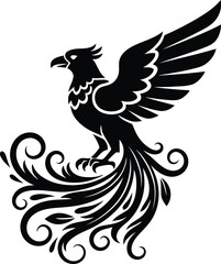 Fototapeta premium Mythical phoenix bird silhouette with ornamental flaming tail and spread wings for fantasy tattoo design or heraldic symbol.