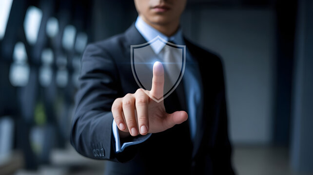 Businessman touching a glowing shield icon on a futuristic interface hand finger Business picture