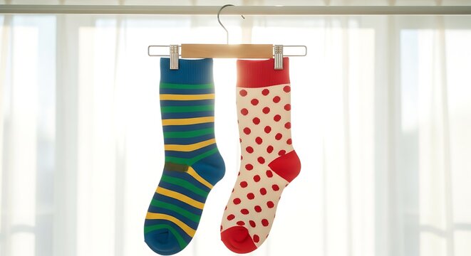 colorful mismatched socks hanging on hanger in soft natural light.