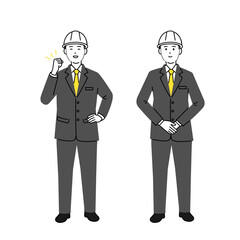 ヘルメットを着用したスーツ姿の建設業男性社員の全身イラストセット1