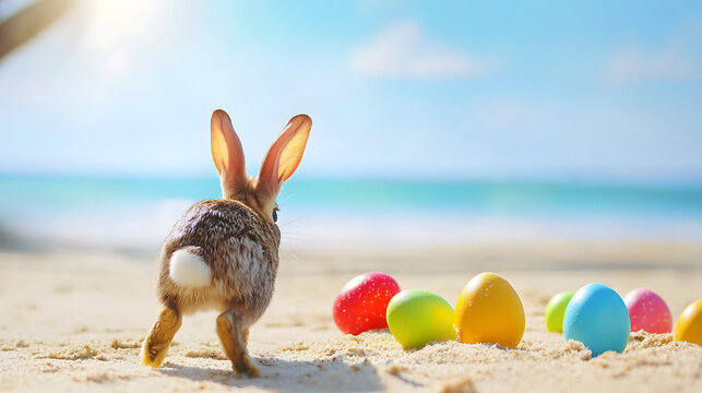 A fluffy hare scampers along the sand by the ocean next to brightly colored eggs&mdash;a sunny seashore, an unusual spring-summer concept