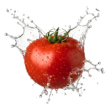 Fresh red tomato falling into water with big splash and droplets on grey background