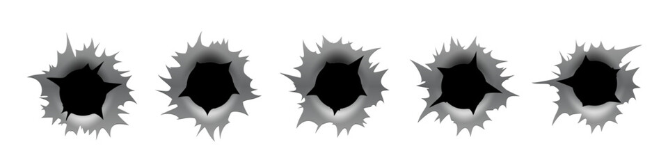 Plakat Bullet hole gun mark effects set. Dark impact shapes with torn edges and metallic shading on white background with damage textures. Detailed realistic vector illustration.