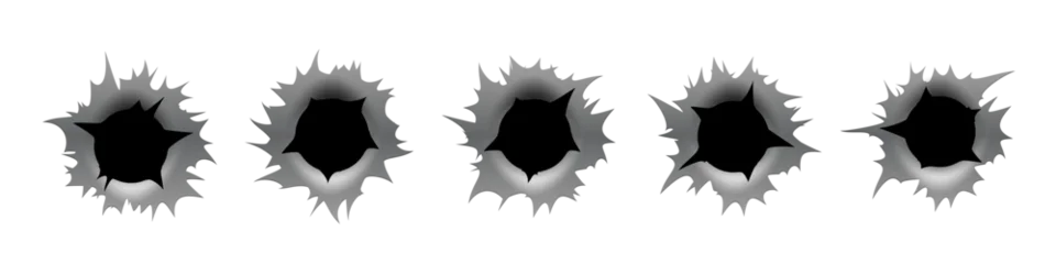 Fototapete Rund Restaurant Bullet hole gun mark effects set. Dark impact shapes with torn edges and metallic shading on white background with damage textures. Detailed realistic vector illustration.  © backup16