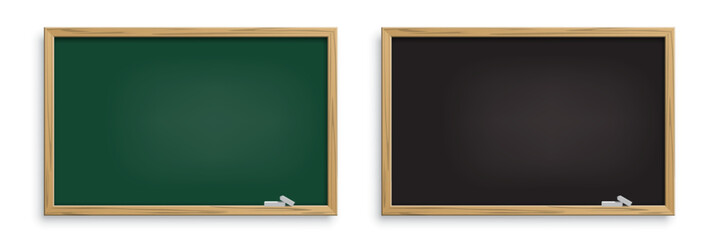 School blackboard background. Empty black and green chalk boards with wooden frames and white chalk pieces. Education and learning concept. Back to school horizontal background. Vector illustration. © backup16