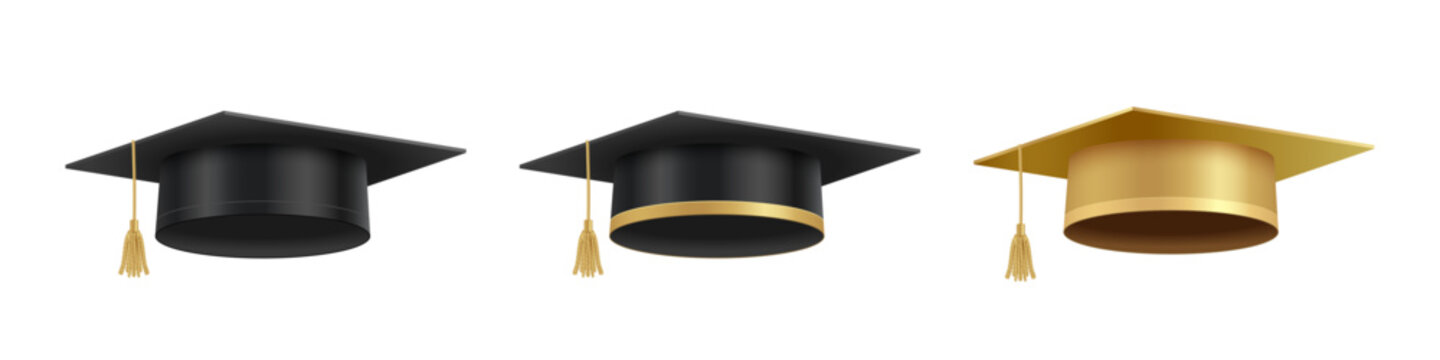 Black and golden graduation caps. Academic hats with tassel symbolizing success, achievement, and university or school graduation ceremony. Education concept. Vector illustration.