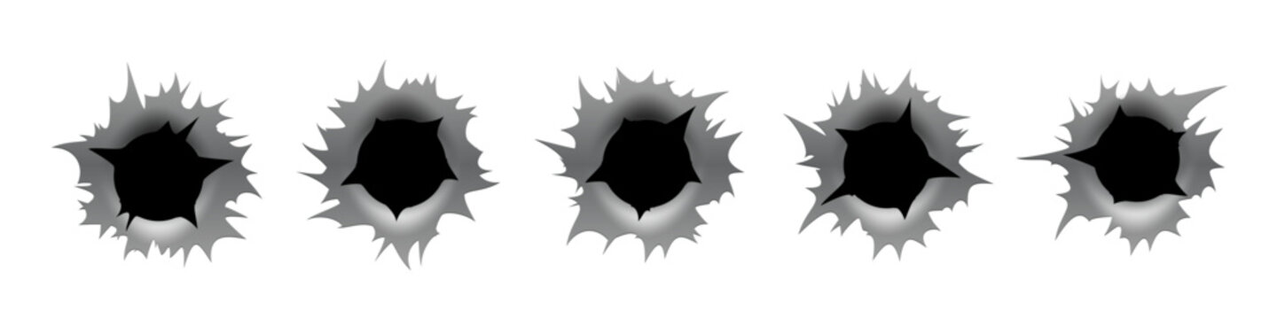 Bullet hole gun mark effects set. Dark impact shapes with torn edges and metallic shading on white background with damage textures. Detailed realistic vector illustration.