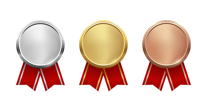 Gold, silver, and bronze medals. Realistic 3D award medals with red ribbons, symbolizing first, second, and third place in sports, competitions, athletic events. Vector illustration.