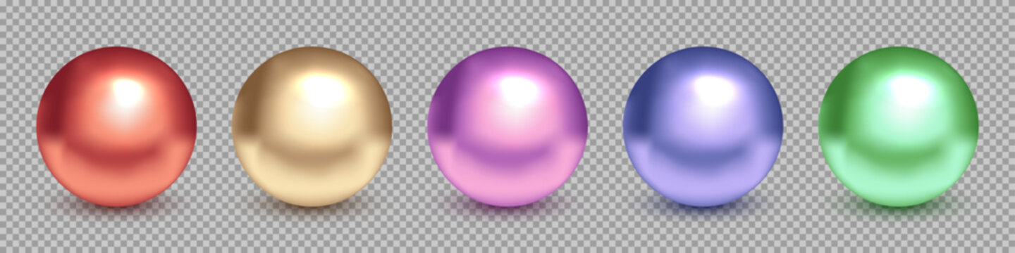Metal balls. 3D color metallic spheres with reflections and shadows. Set of shiny reflective green, blue, violet, golden, red beads. Realistic vector illustration.