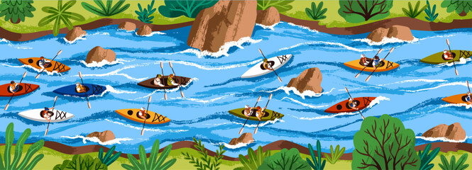 People are kayaking together top view. Group of men and women is rafting mountain river. Friends in boats are floating, rowing among stones on water. Extreme sport. Flat vector illustration. © Paper Trident