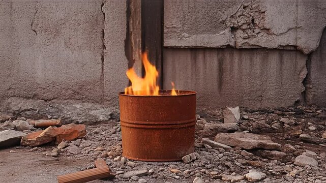 A burning drum stands amidst debris and rubble near a damaged concrete wall