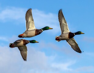 Obraz premium Three male mallard ducks soaring against a partly cloudy sky, wings extended, bright colors gleaming in the sunlight