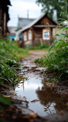 vertical photo of small wooden houses with wet yard soil and puddles after rain, soft diffused daylight, authentic rural background
