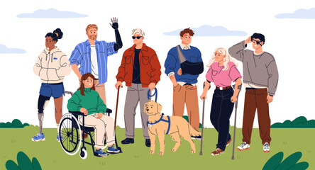 Group of people with disabilities greeting together. Happy men and women with prosthesis, wheelchair fracture bandage, crutches smile waving hands. Inclusive community. Flat vector illustration. © Paper Trident