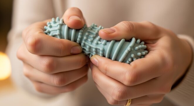 Woman hands squeezing a stress relief toy. Anti-stress device for sensory stimulation and anxiety relief. Fidget use for relaxation.