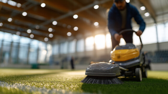 sports hall worker brushing synthetic grass maintenance scene realistic documentary style photo