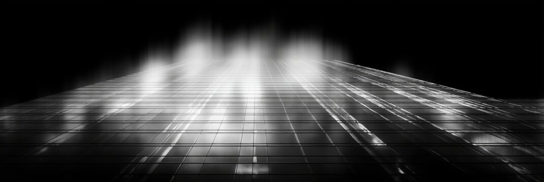 Clean symmetrical glass facade of modern high-rise building, reflections, high-contrast lighting, grid of distorted patterns