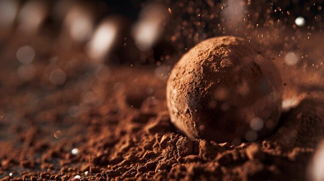 Chocolate truffle dusted with cocoa powder on dark wooden surface with water droplets close-up texture food photography