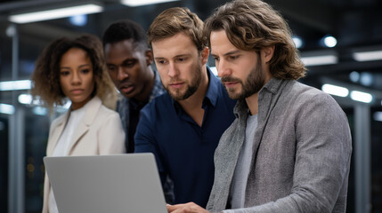 Fototapeta premium Focused professionals collaborating intensely on laptop, futuristic data center glowing server racks, modern lighting technological environment, with copy space