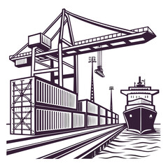 Obraz premium Purple of cargo ship at dock with crane and containers