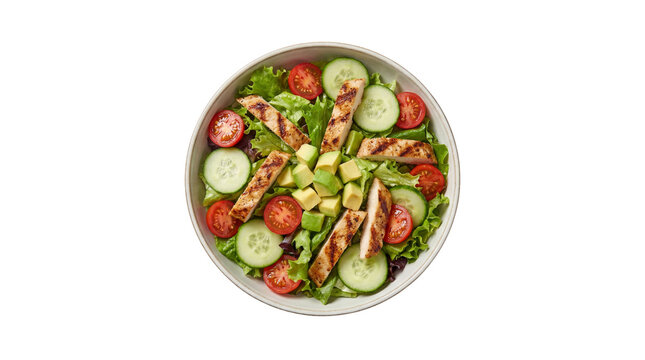 Grilled chicken salad with fresh lettuce, cherry tomatoes, cucumber slices, and avocado in a white bowl, top view isolated PNG with Transparent Background