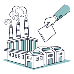 Obraz premium Factory with smokestacks and hand holding ballot box