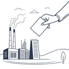 Obraz premium Hand holding card over industrial factory with smokestacks