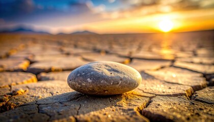 FlyPro Firefly Single Dust-Coated Pebble on Vast Cracked Dry Mud Expanse, Photorealistic DSLR Style Monochromatic