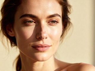 Closeup portrait of a young woman with clear skin, brown eyes, subtle makeup, and natural beauty under soft lighting.