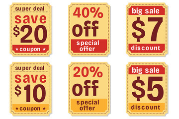 Set of vintage red sale labels and discount price tags featuring vector icons for retail business promotion and shopping sign design