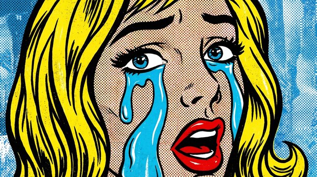 Woman with bright yellow hair weeps profusely, showing large blue tears streaming down her face in a vibrant, halftone patterned pop art close-up.