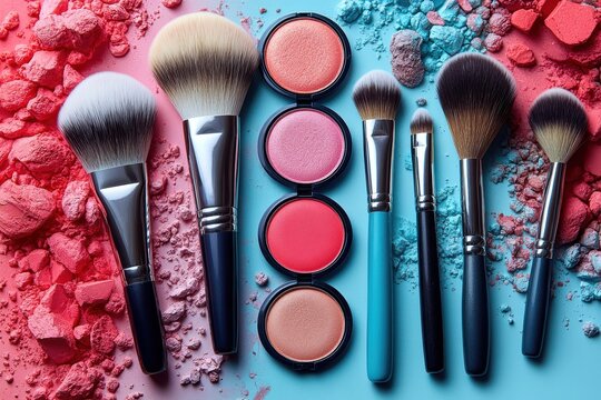 Creative makeup flat lay featuring brushes, palettes, and beauty tools on bright backgrounds
