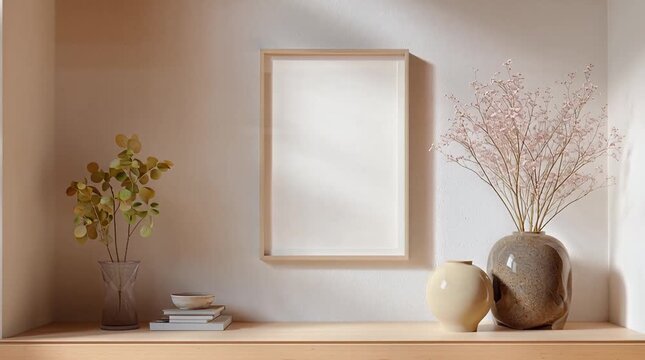 Serene home decor with blank frame and elegant vases on wooden shelf