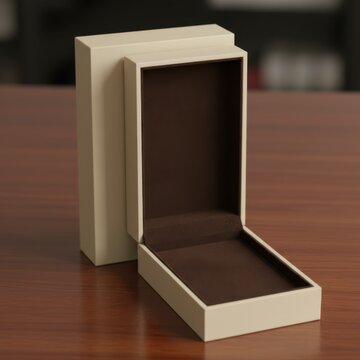 Elegant jewelry box mockup with cream exterior and brown velvet interior, empty luxury gift box on wooden table, premium retail packaging for rings or watches, minimalist product display case.