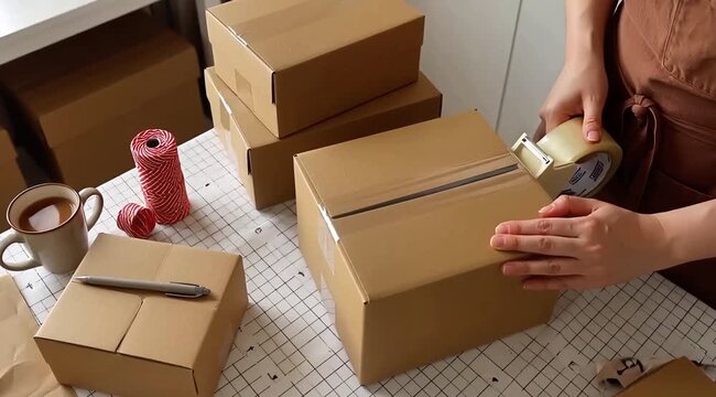 Person sealing and preparing cardboard box for shipping on table with supplies