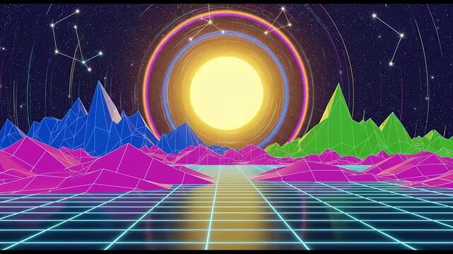 Retro futuristic synthwave landscape with glowing sun and neon grid