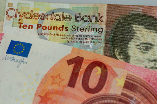 Clydesdale Bank &pound;10 note from Scotland with  &euro;10 Euro.