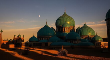 Fototapeta premium Panoramic view of a desert palace with numerous turquoise domes during sunset under a crescent moon