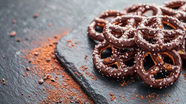 pile of sweet chocolate covered pretzels sprinkled with salt sits on  dark slate